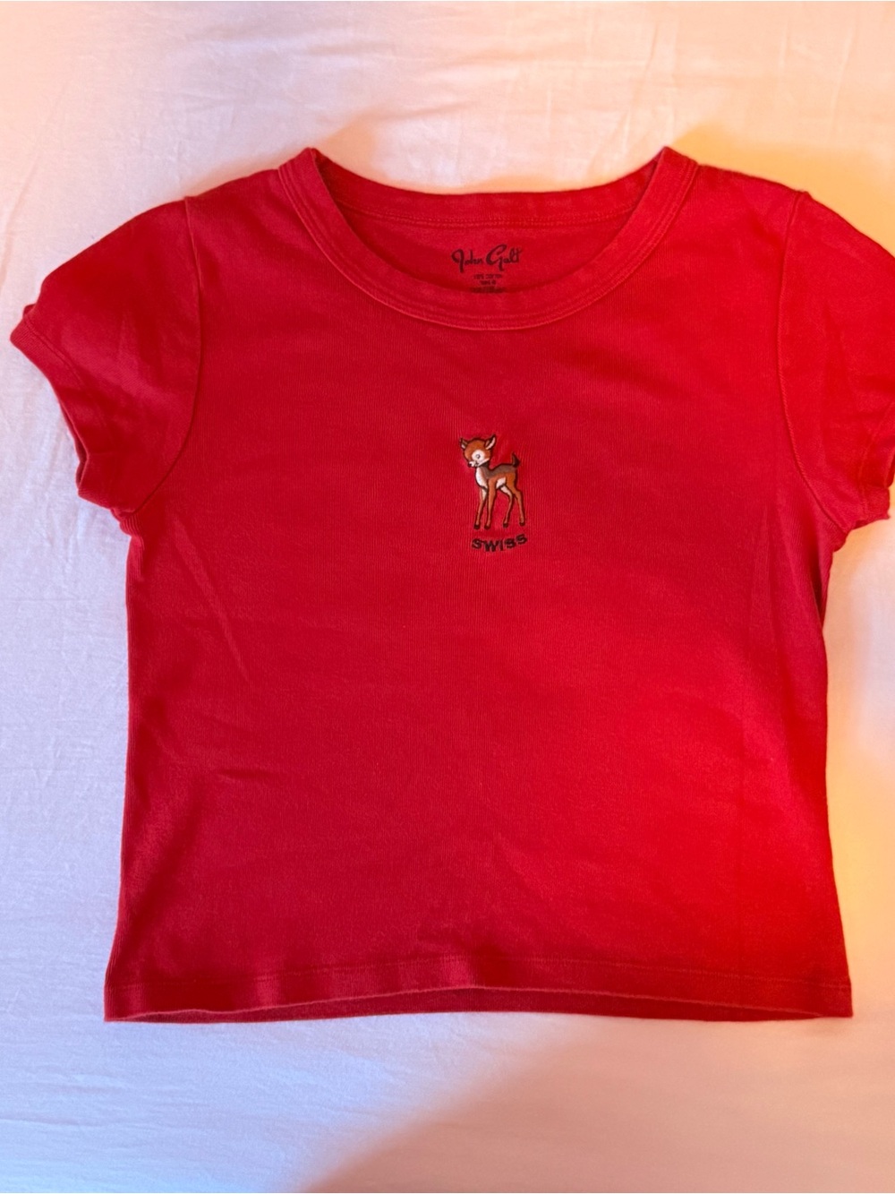 Brandy Melville Red Short Sleeve Tee with Deer Embroidery